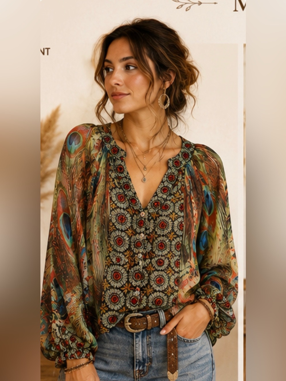 Olive Hill Peacock Print Boho Blouse Medium Sheer Balloon Sleeve Top
